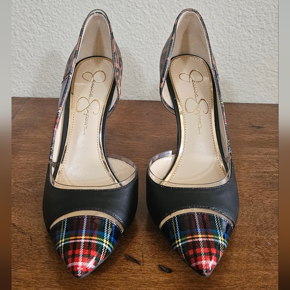 Jessica Simpson BRAND NEW Cheetah & Plaid Print with Clear Lining Stilettos - Picture 2 of 6
